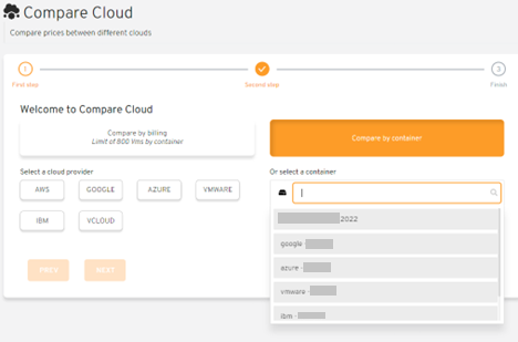 seleccione el contenedor y la nube para comparar