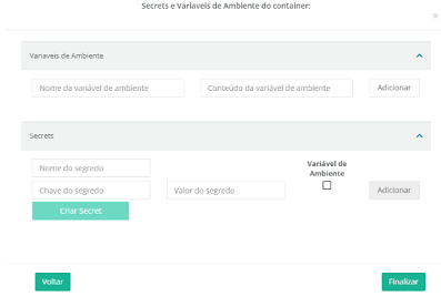 Secrets e variáveis do ambiente container